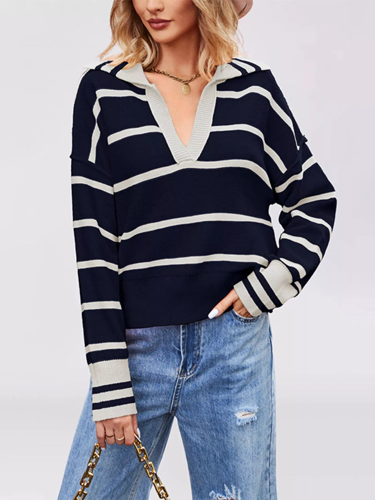 Striped Johnny Collar Dropped Shoulder Sweater - TheMomCo.