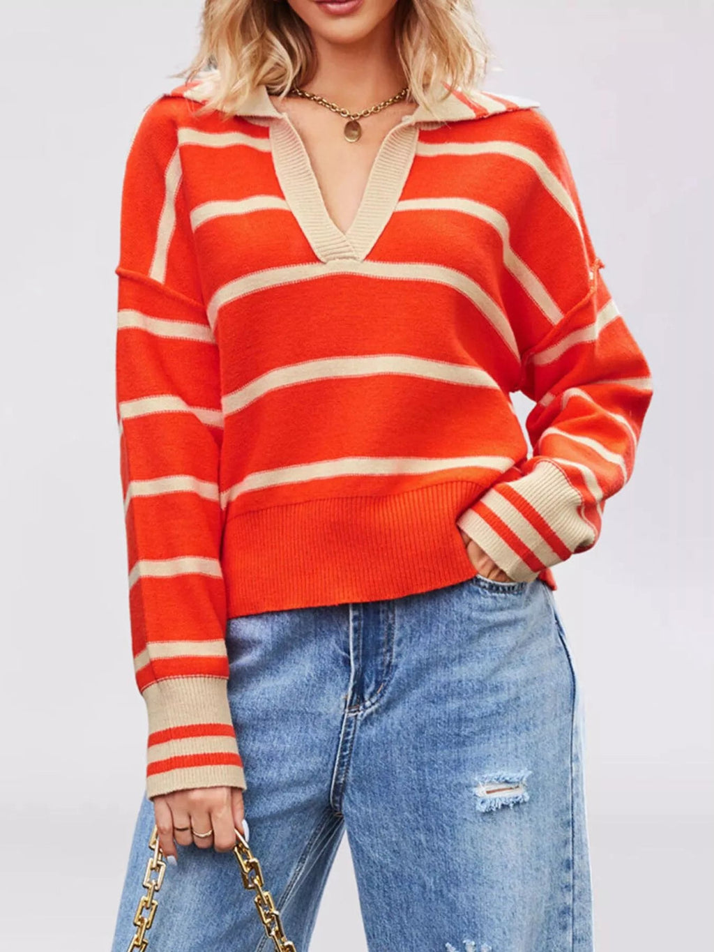 Striped Johnny Collar Dropped Shoulder Sweater - TheMomCo.