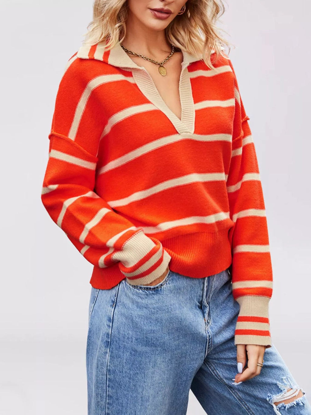 Striped Johnny Collar Dropped Shoulder Sweater - TheMomCo.
