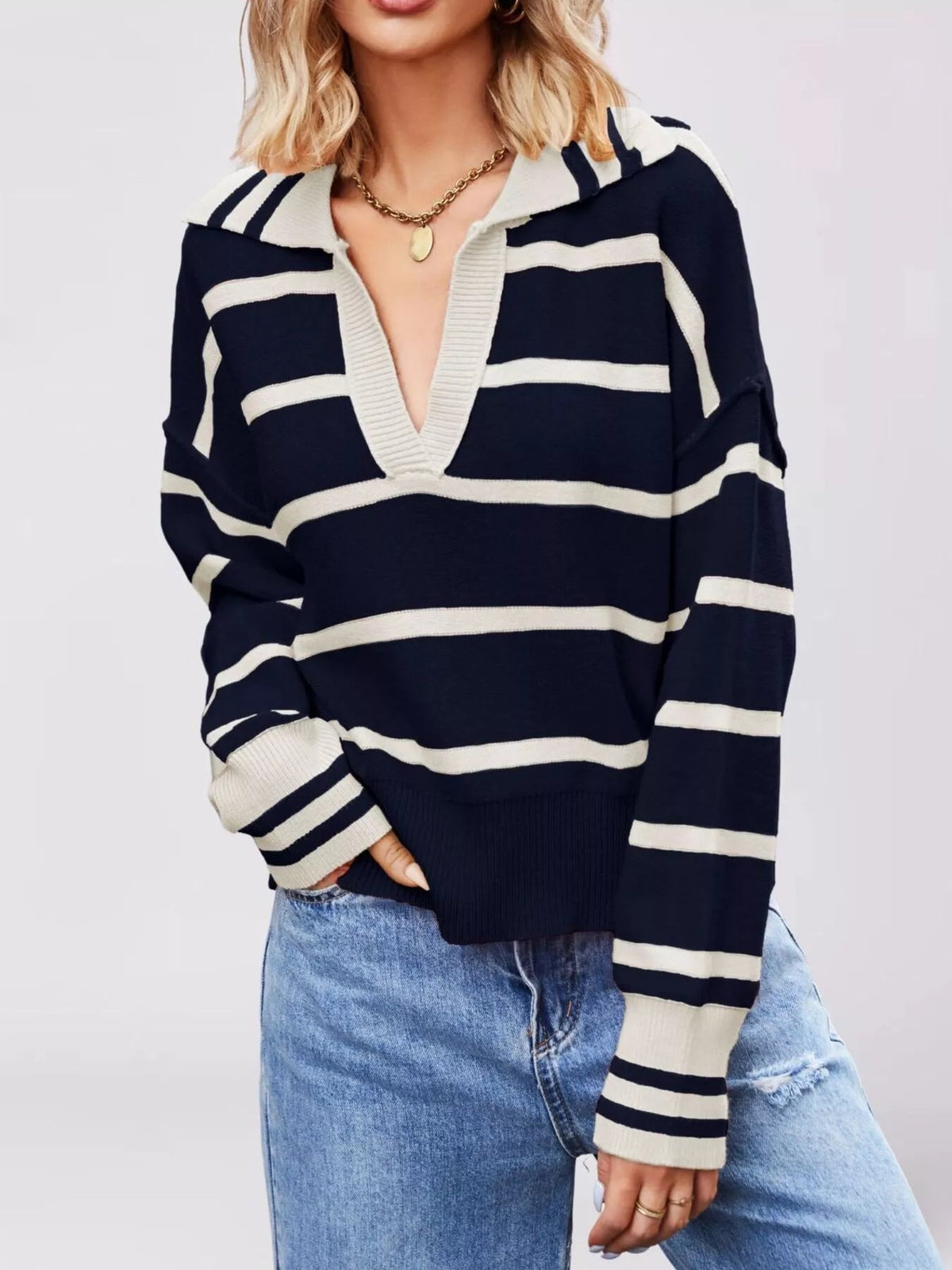 Striped Johnny Collar Dropped Shoulder Sweater - TheMomCo.