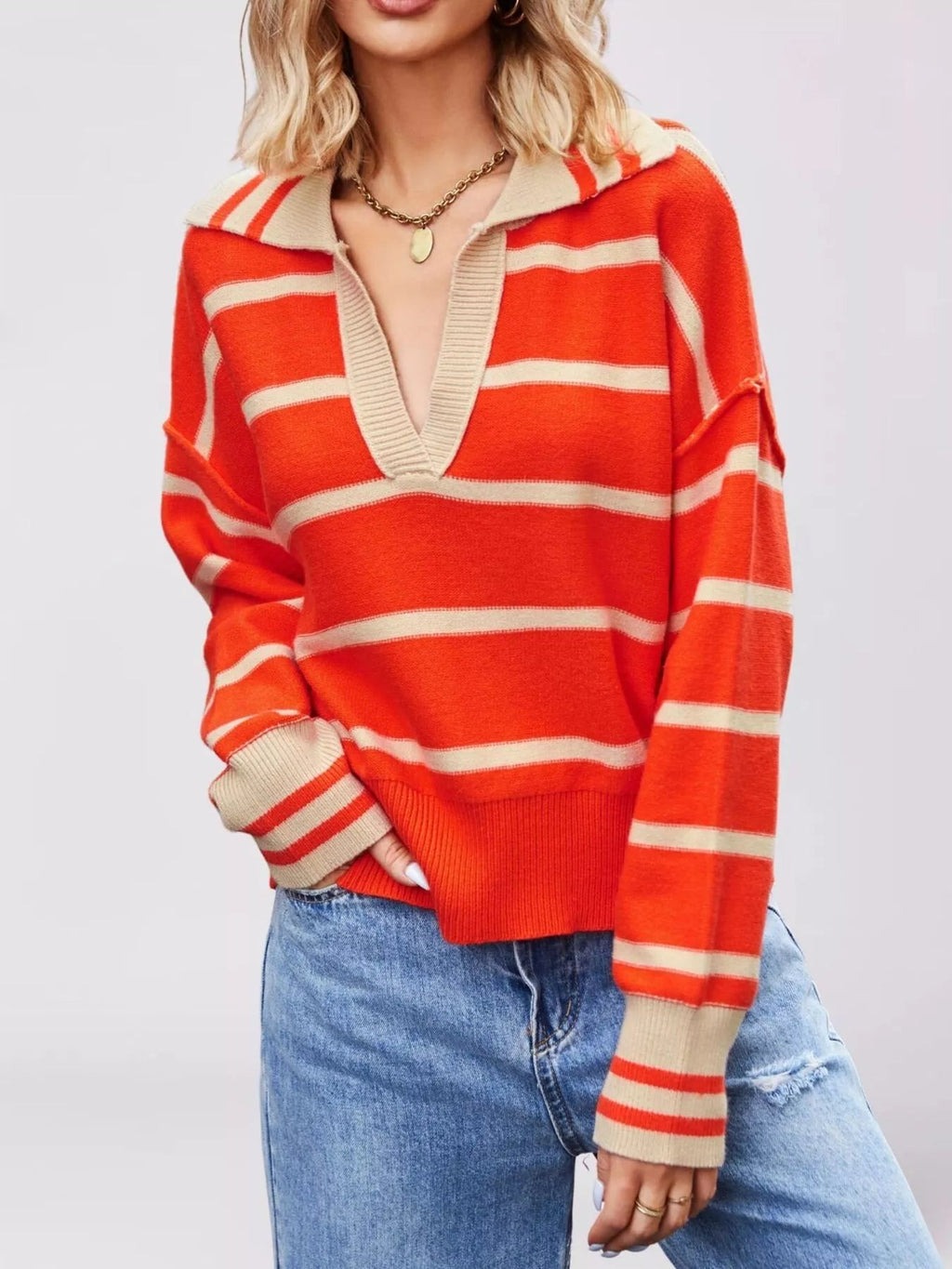 Striped Johnny Collar Dropped Shoulder Sweater - TheMomCo.