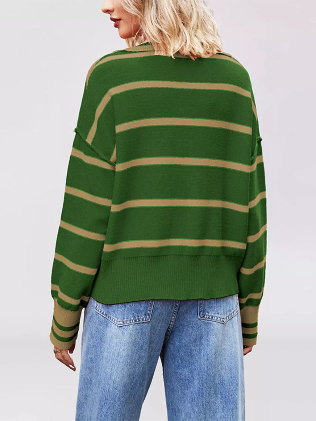 Striped Johnny Collar Dropped Shoulder Sweater - TheMomCo.