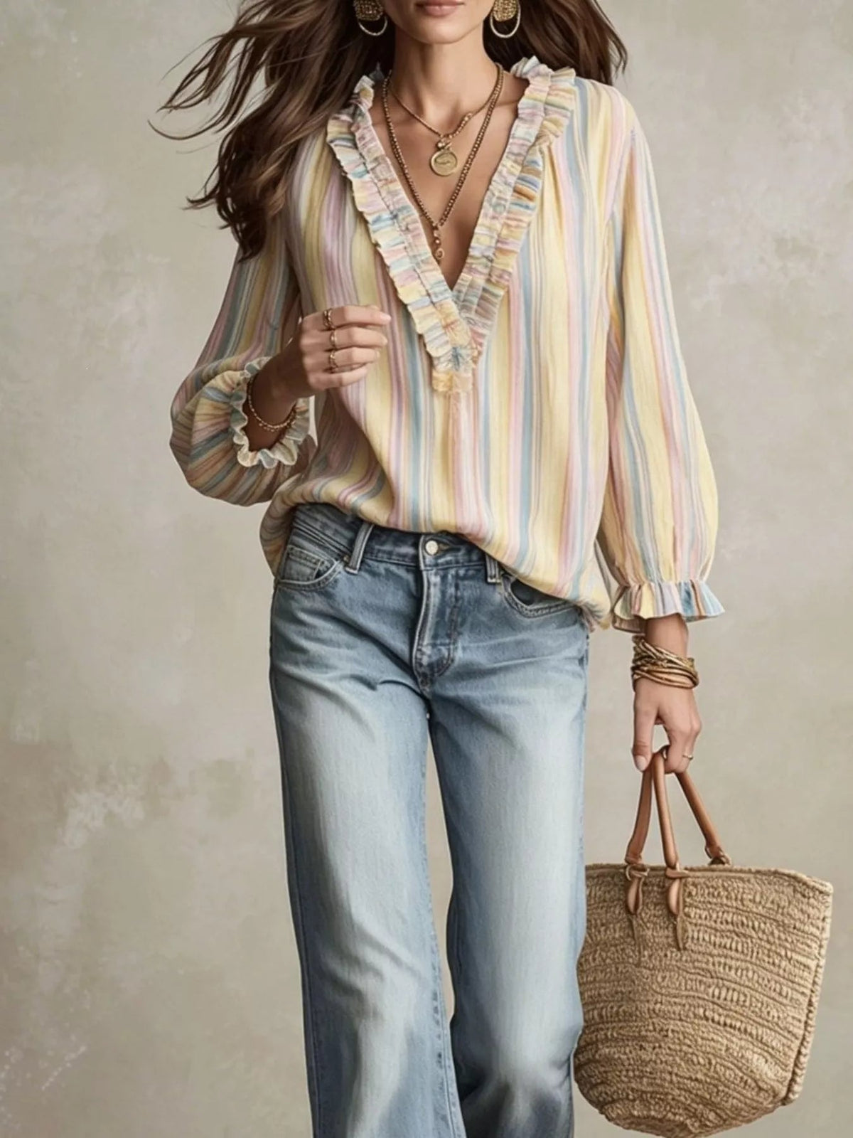 Striped Ruffle-Trim V-Neck Blouse - TheMomCo.