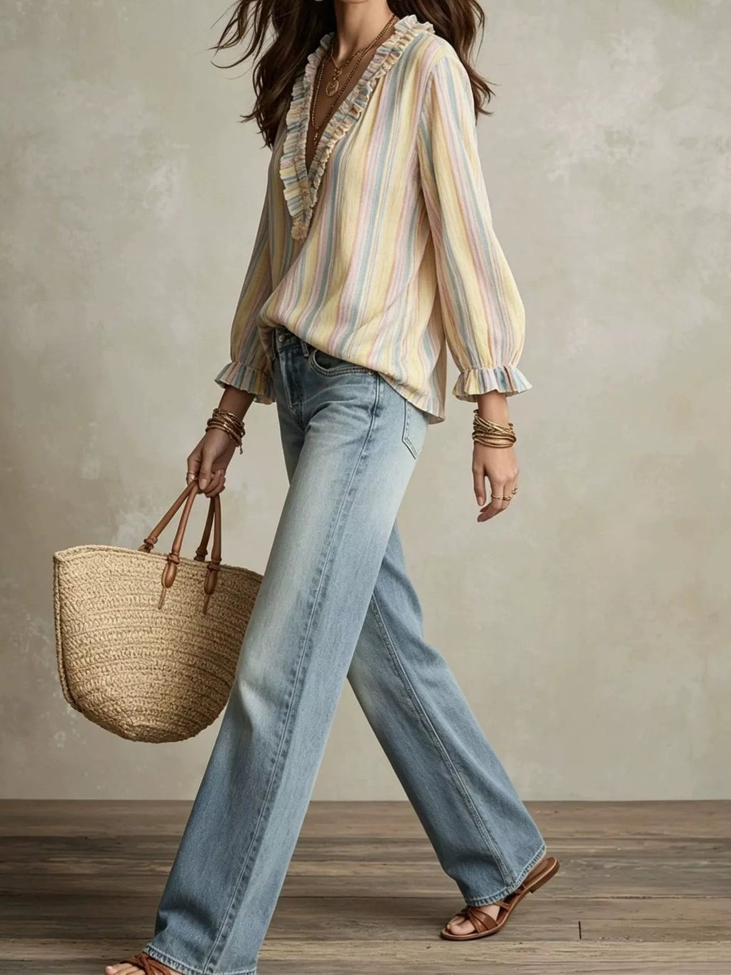 Striped Ruffle-Trim V-Neck Blouse - TheMomCo.