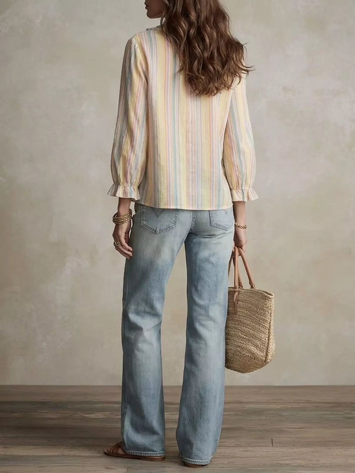 Striped Ruffle-Trim V-Neck Blouse - TheMomCo.