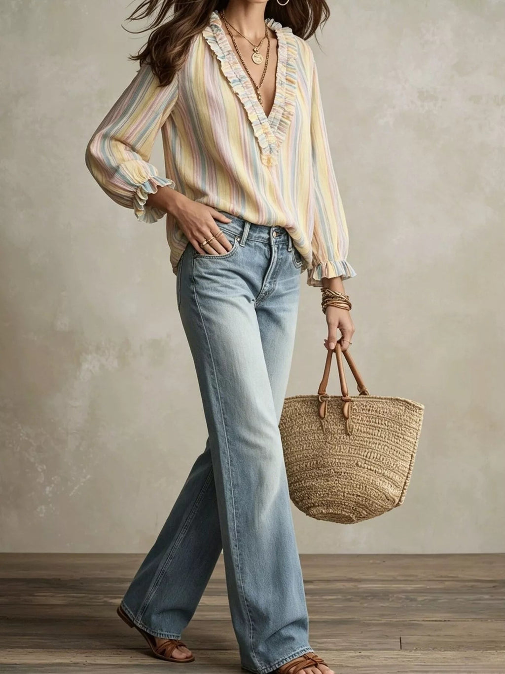 Striped Ruffle-Trim V-Neck Blouse - TheMomCo.