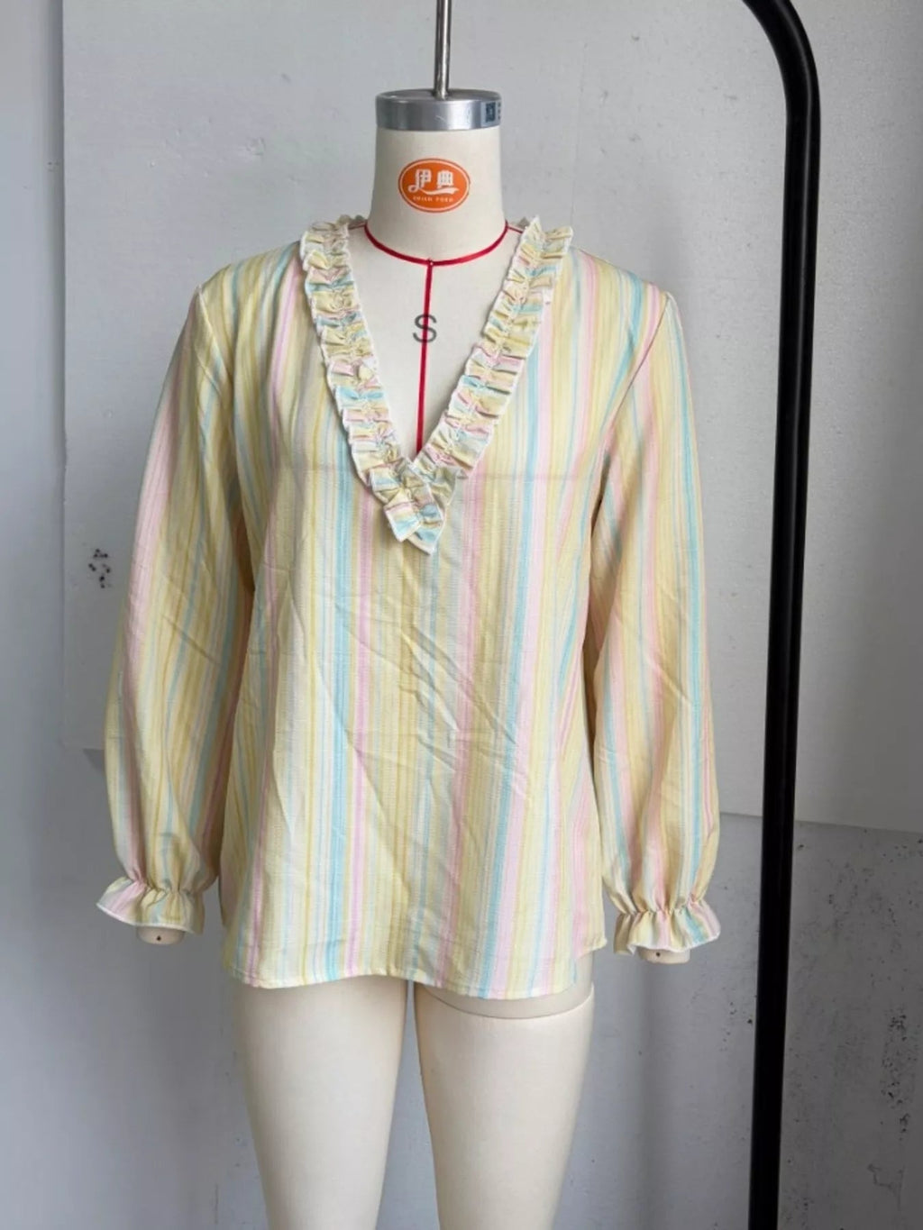 Striped Ruffle-Trim V-Neck Blouse - TheMomCo.