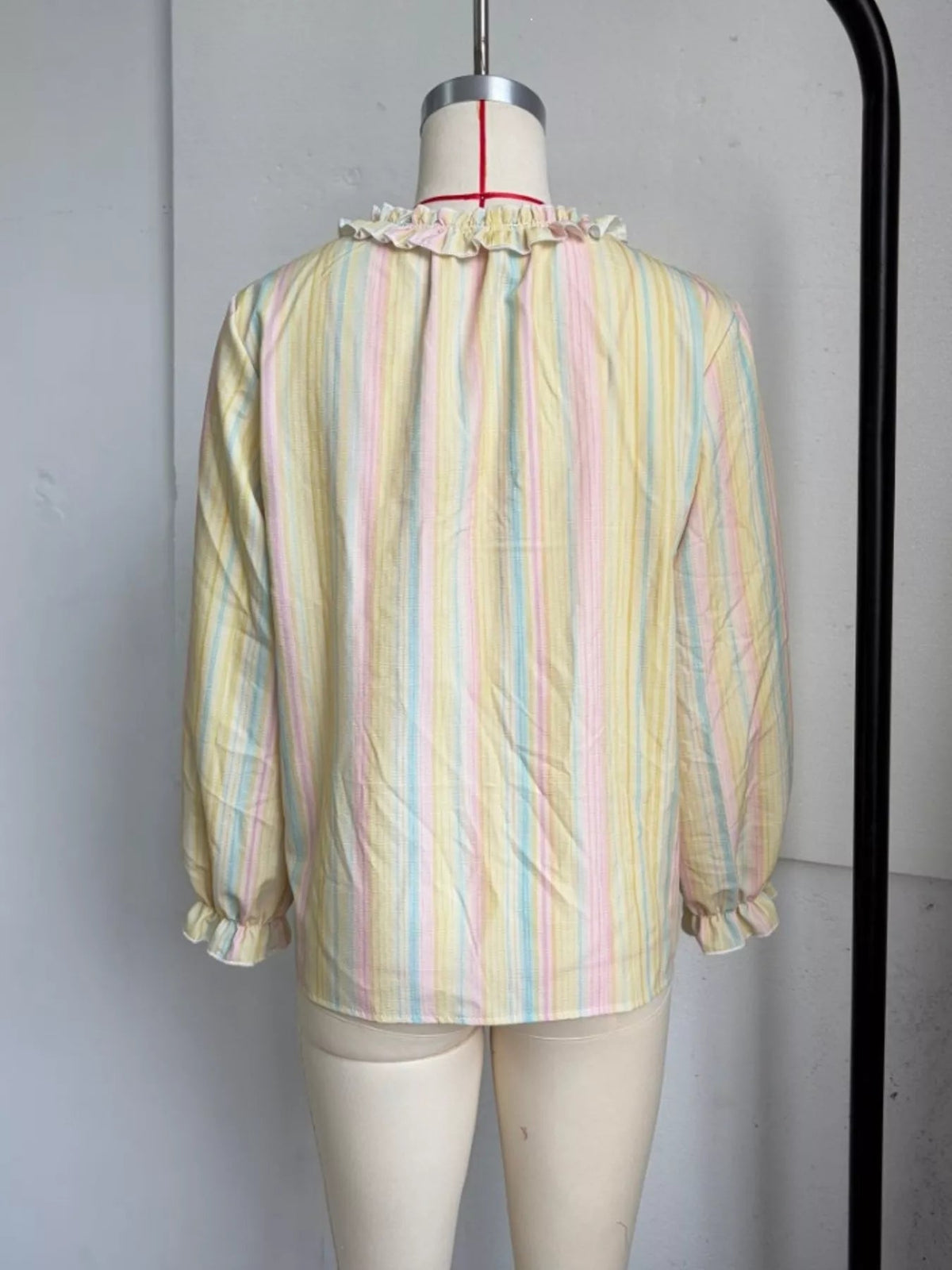 Striped Ruffle-Trim V-Neck Blouse - TheMomCo.