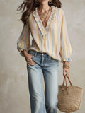Striped Ruffle-Trim V-Neck Blouse - TheMomCo.