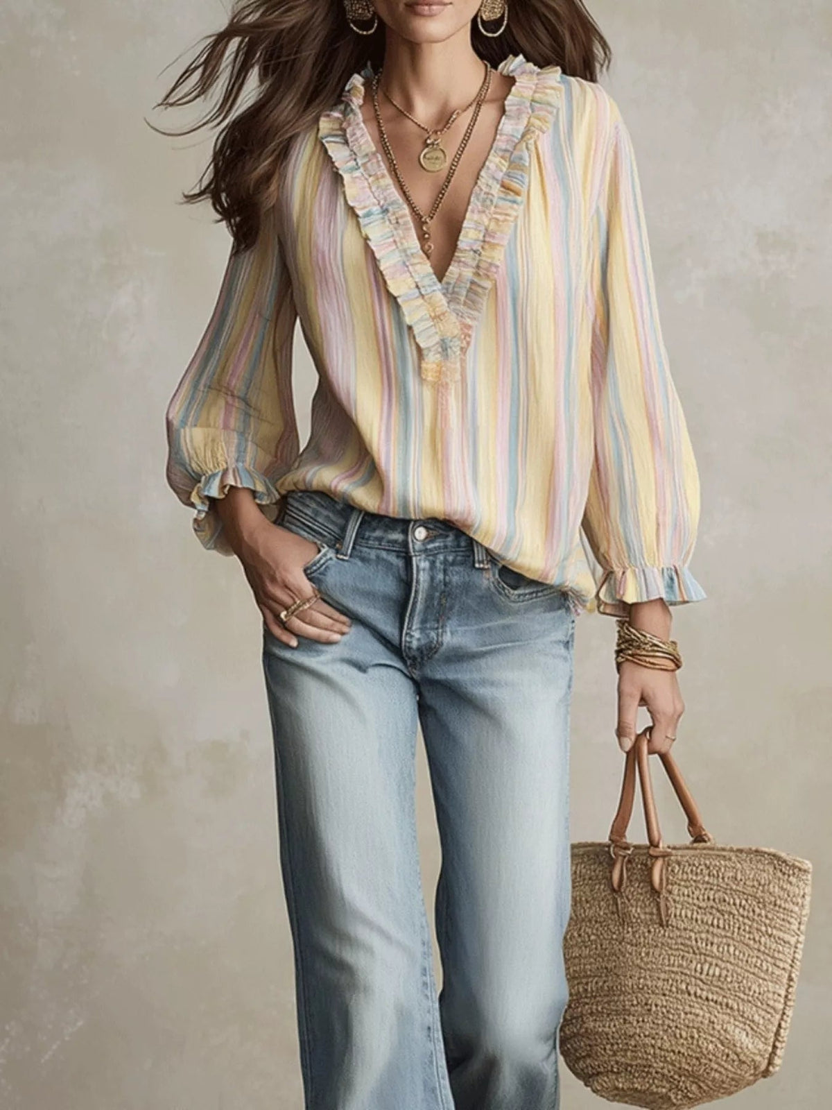 Striped Ruffle-Trim V-Neck Blouse - TheMomCo.