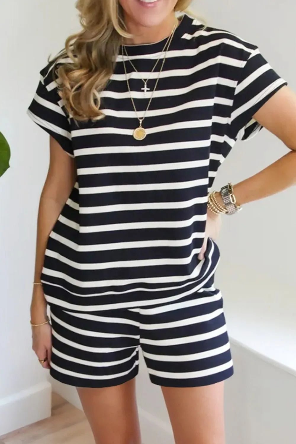 Striped Short Sleeve Top and Shorts Set - TheMomCo.
