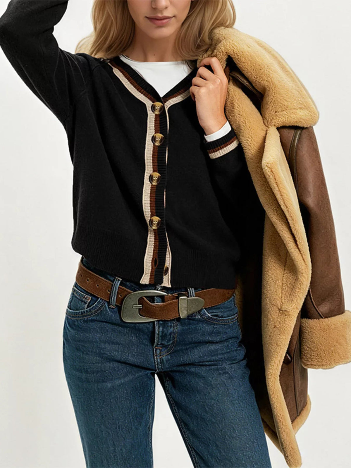 Striped Trim Button-Down Cardigan - TheMomCo.