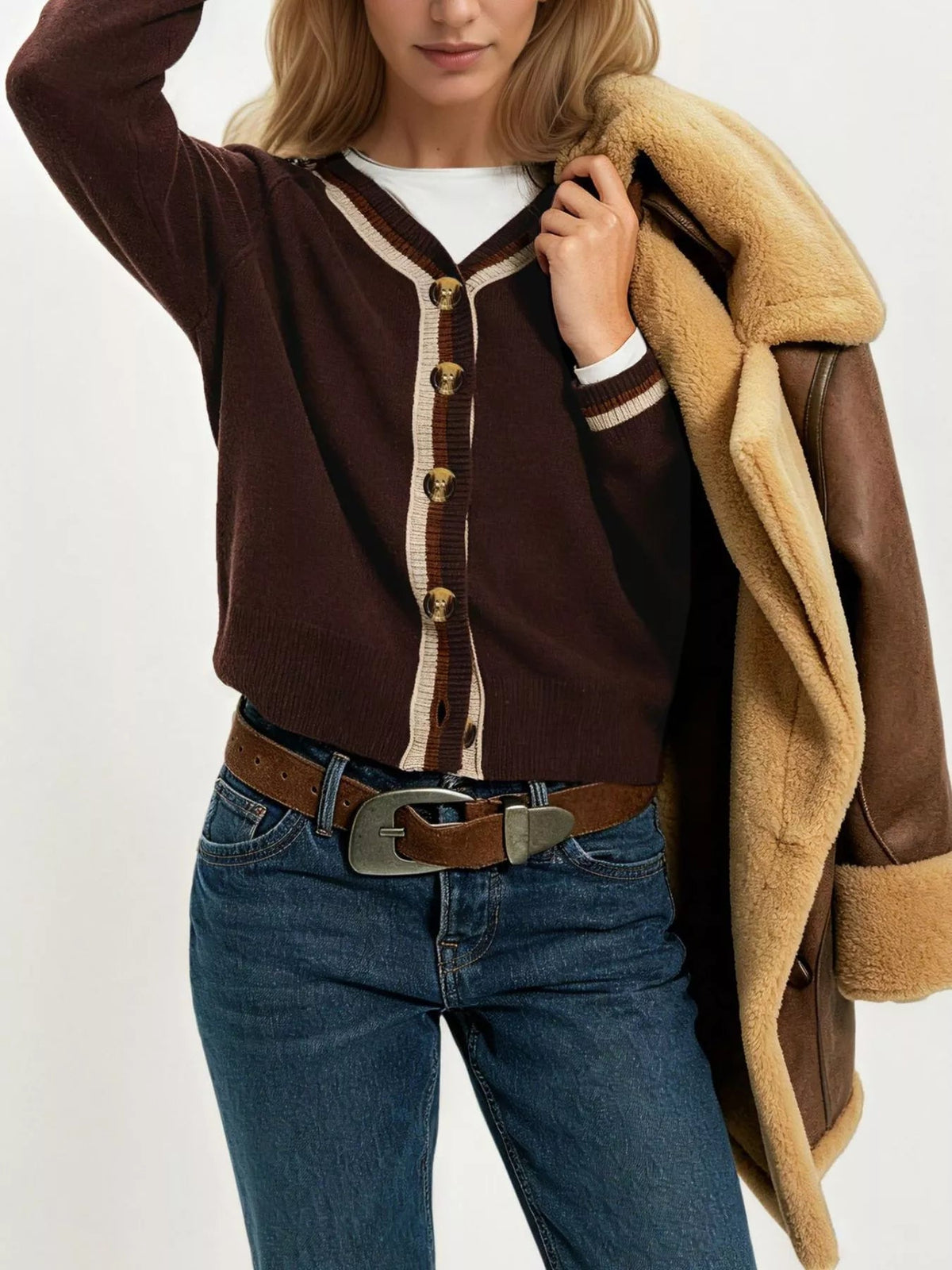 Striped Trim Button-Down Cardigan - TheMomCo.