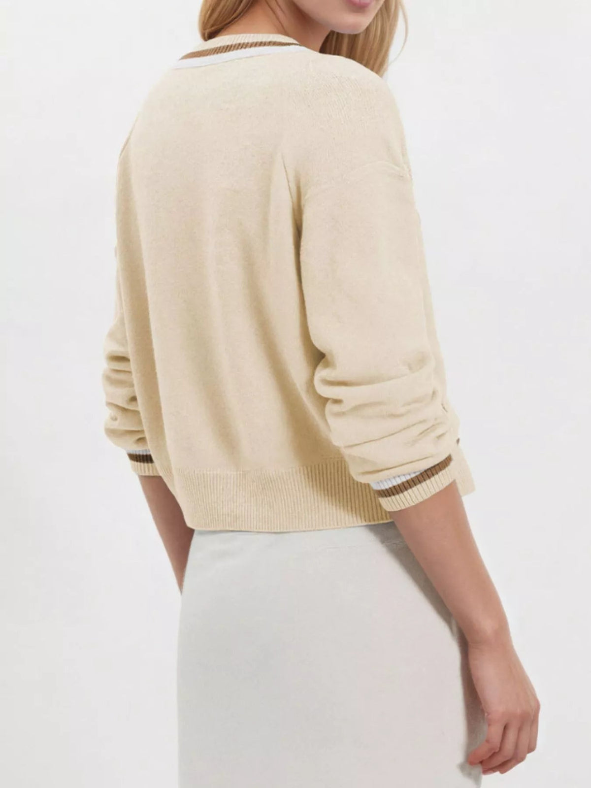 Striped Trim Button-Down Cardigan - TheMomCo.
