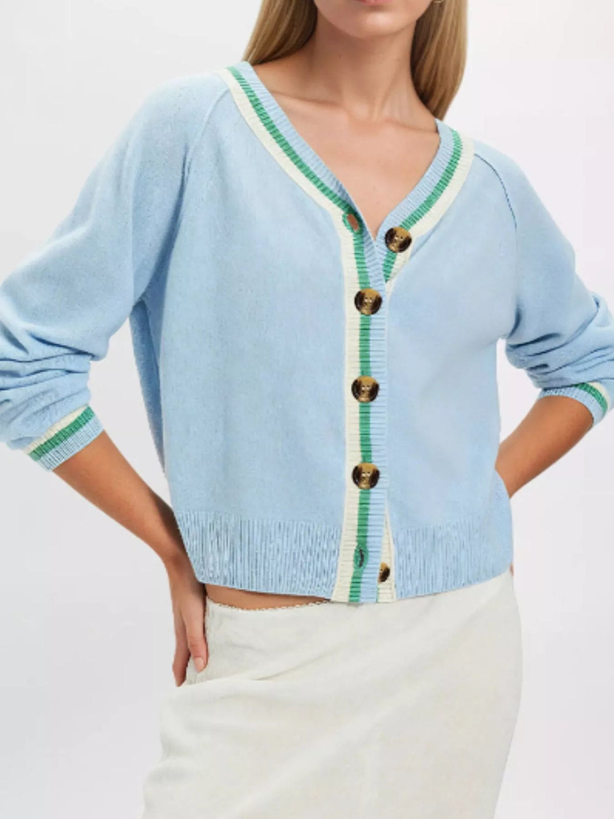 Striped Trim Button-Down Cardigan - TheMomCo.