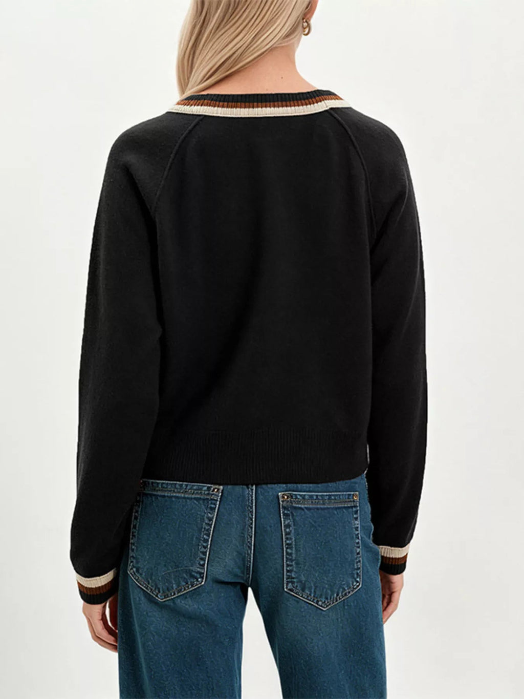 Striped Trim Button-Down Cardigan - TheMomCo.
