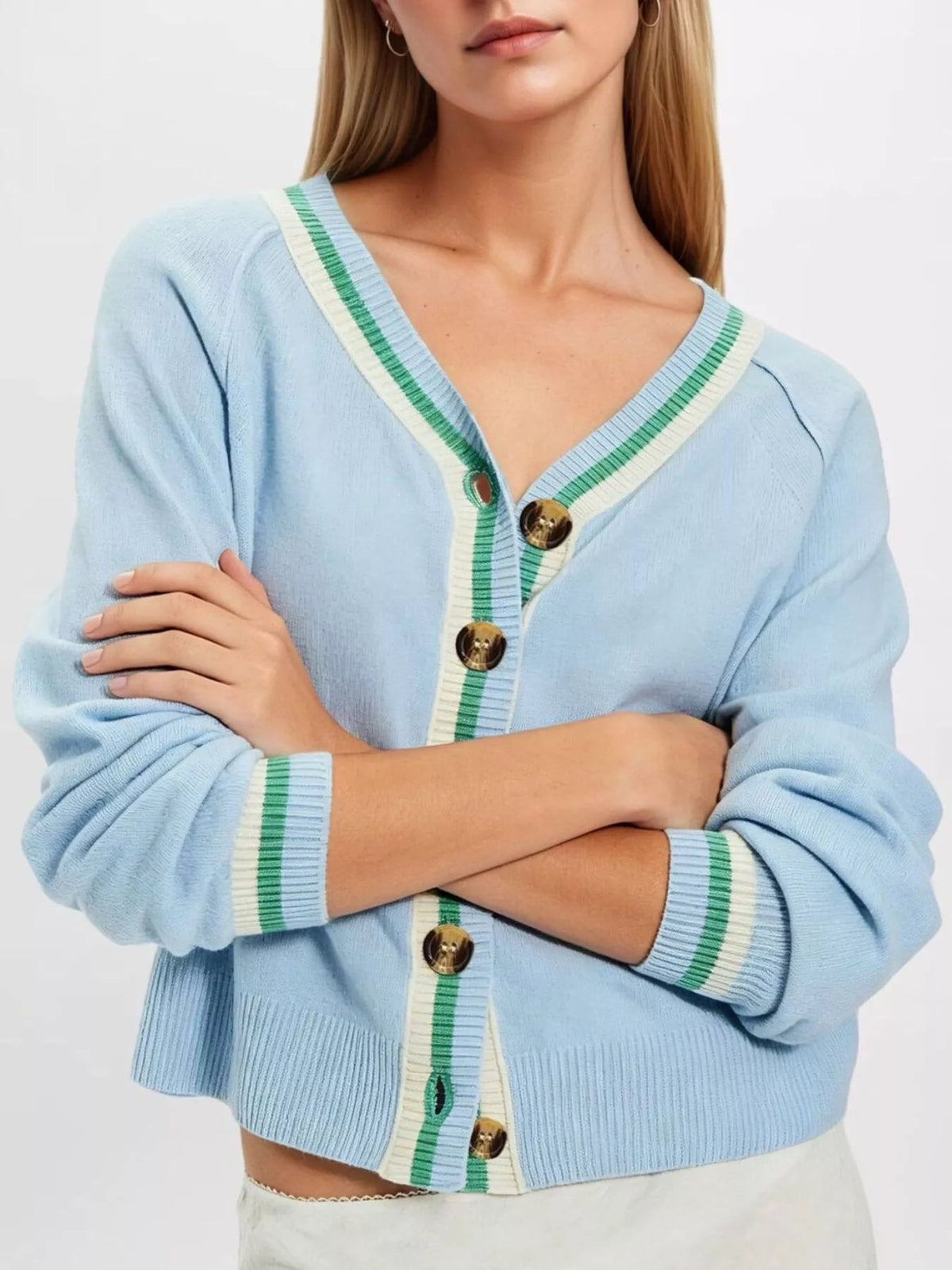 Striped Trim Button-Down Cardigan - TheMomCo.