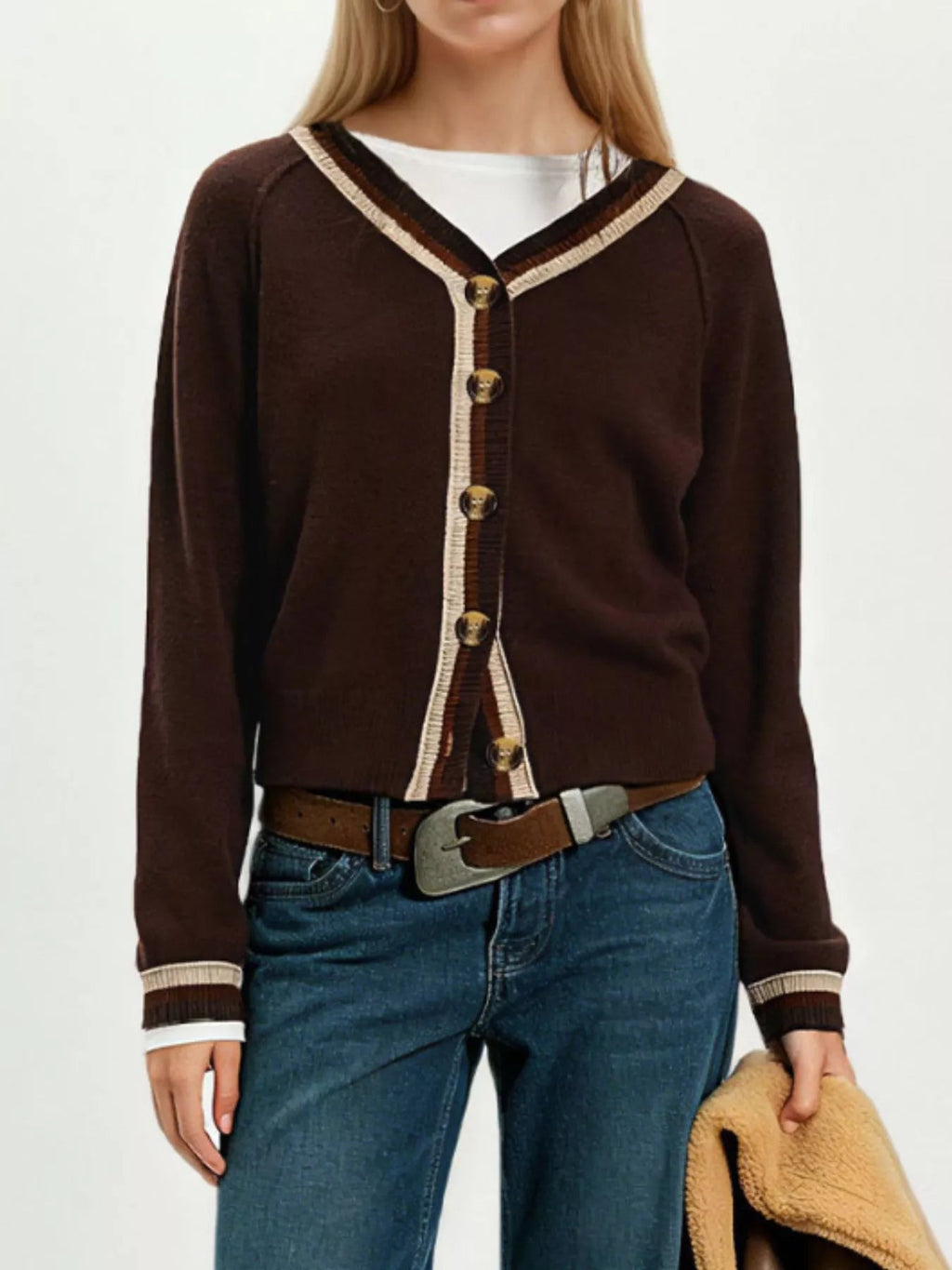 Striped Trim Button-Down Cardigan - TheMomCo.