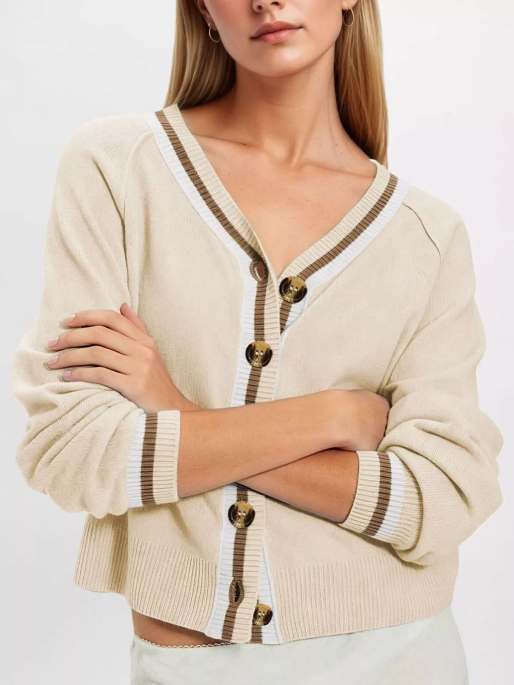 Striped Trim Button-Down Cardigan - TheMomCo.
