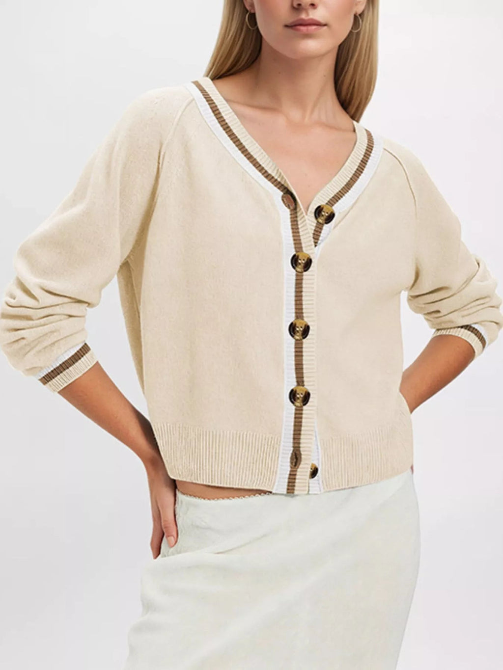Striped Trim Button-Down Cardigan - TheMomCo.