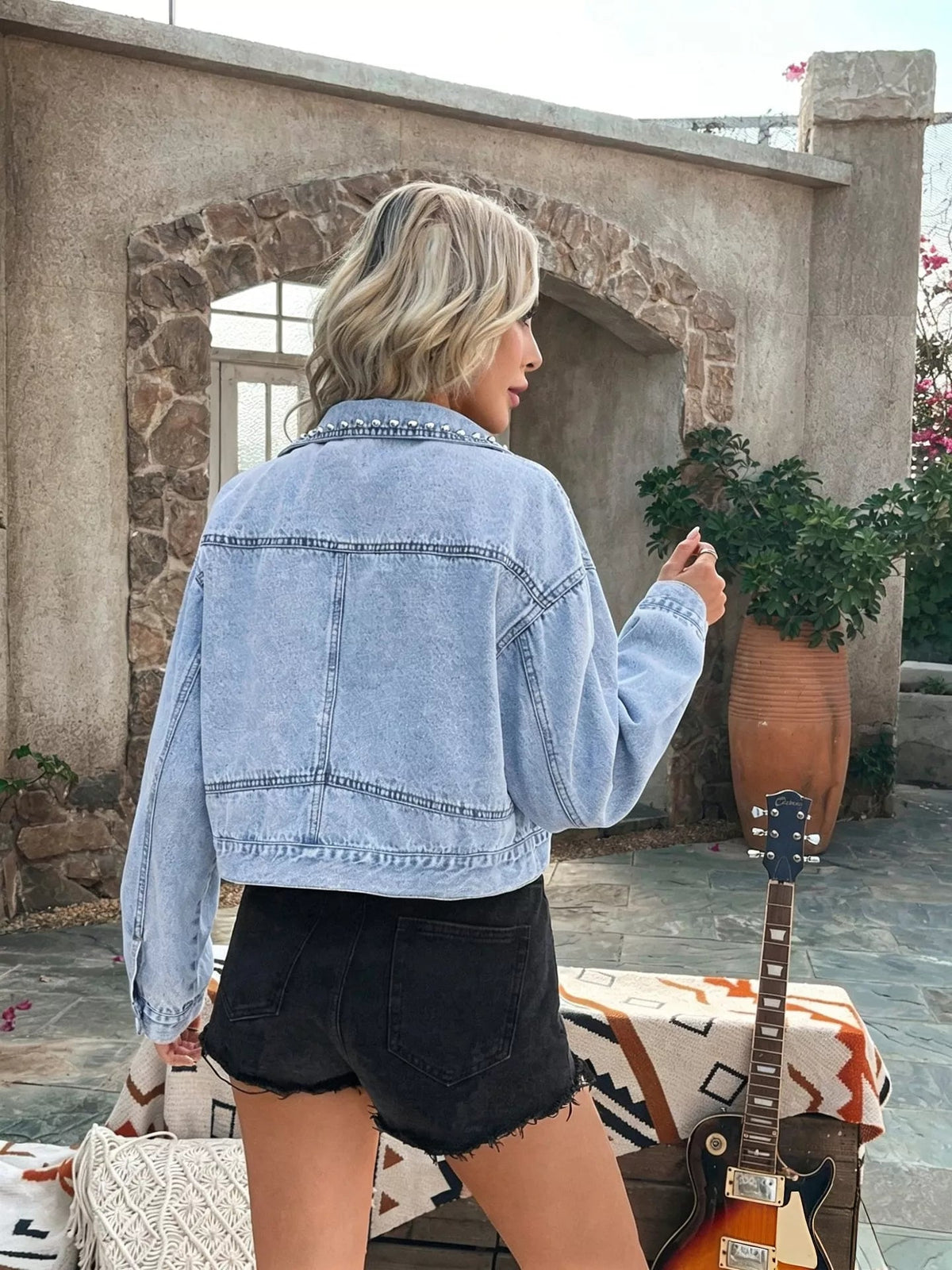 Studded Button Up Denim Jacket - TheMomCo.