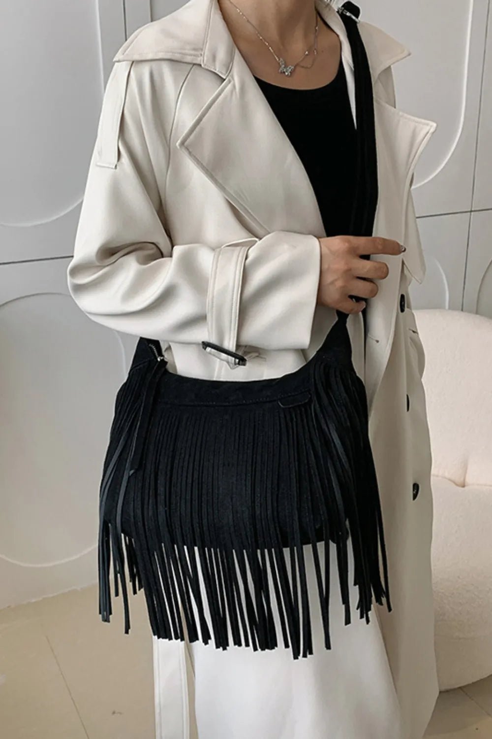 Suede Fringe Adjustable Strap Shoulder Bag - TheMomCo.