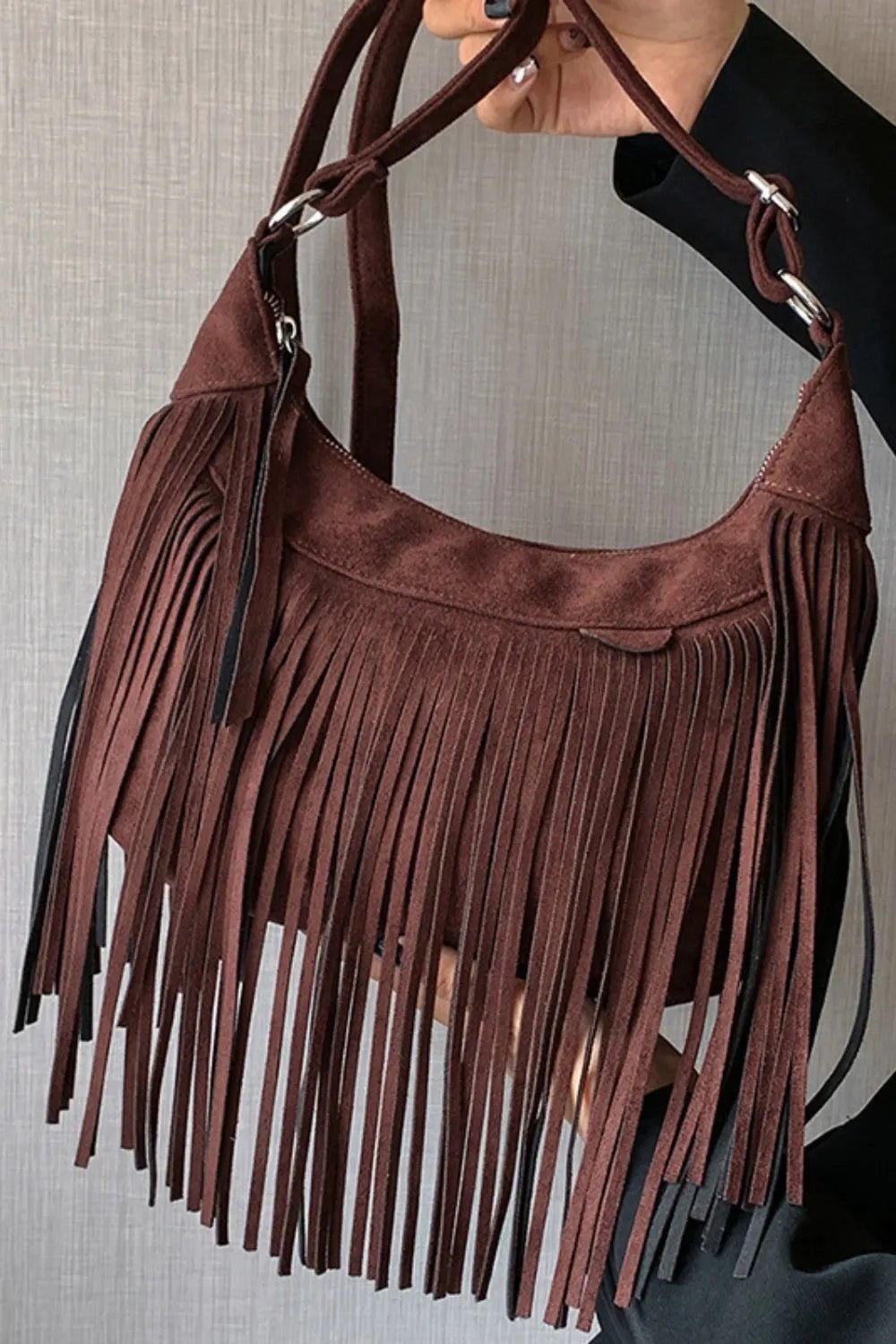 Suede Fringe Adjustable Strap Shoulder Bag - TheMomCo.