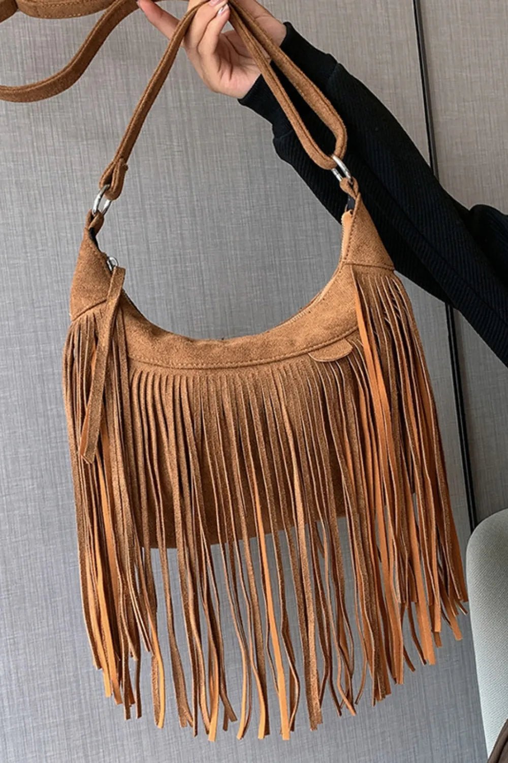 Suede Fringe Adjustable Strap Shoulder Bag - TheMomCo.