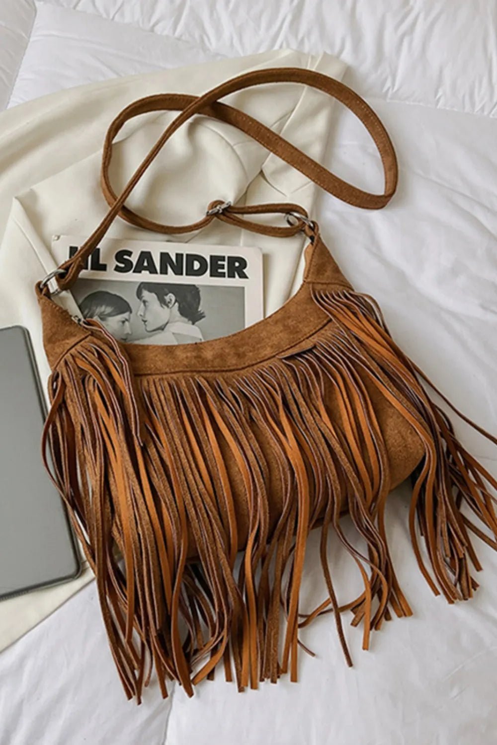 Suede Fringe Adjustable Strap Shoulder Bag - TheMomCo.