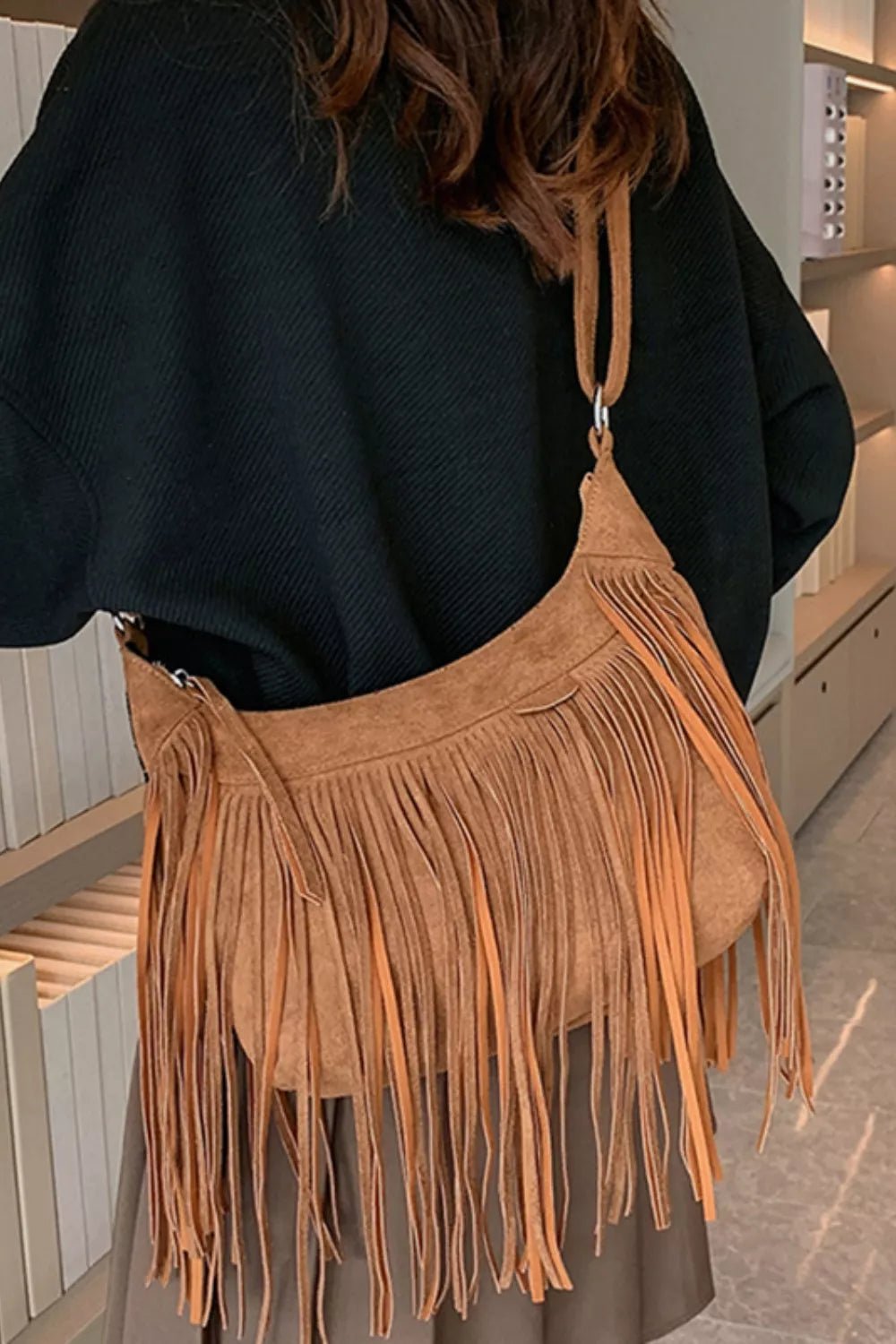 Suede Fringe Adjustable Strap Shoulder Bag - TheMomCo.