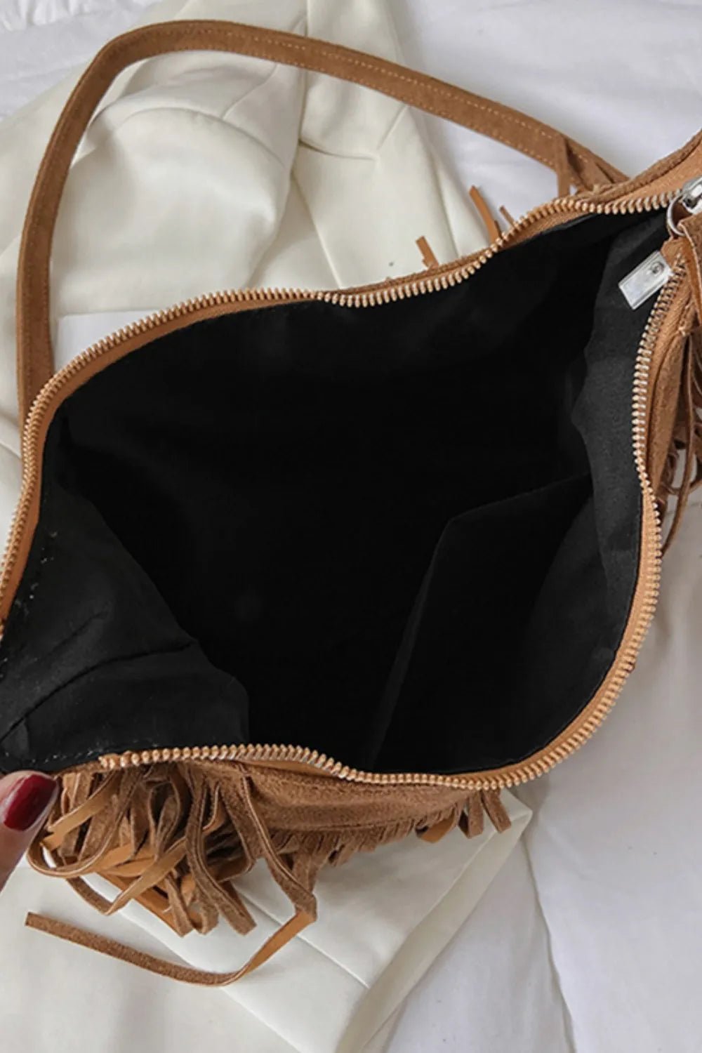 Suede Fringe Adjustable Strap Shoulder Bag - TheMomCo.