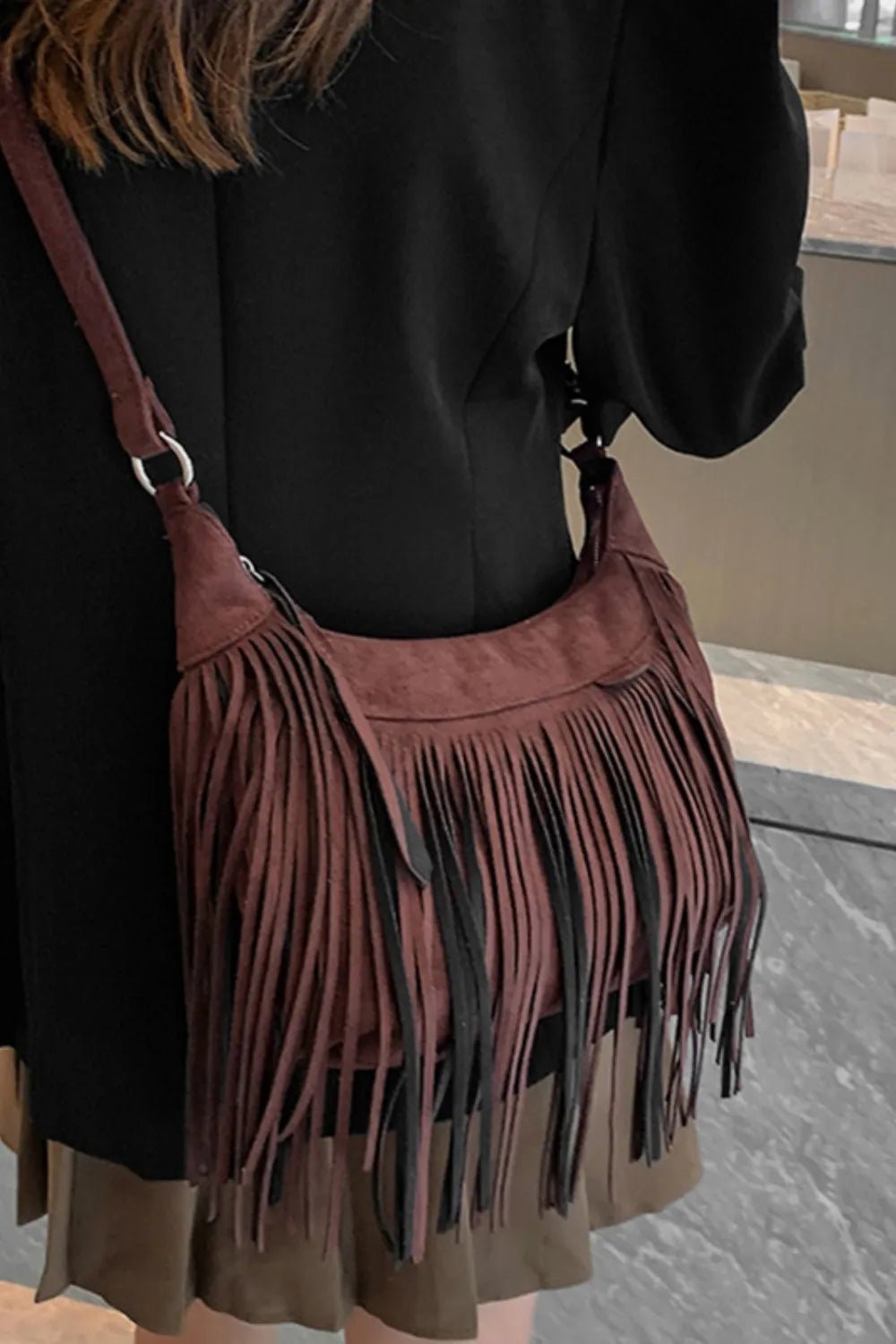 Suede Fringe Adjustable Strap Shoulder Bag - TheMomCo.