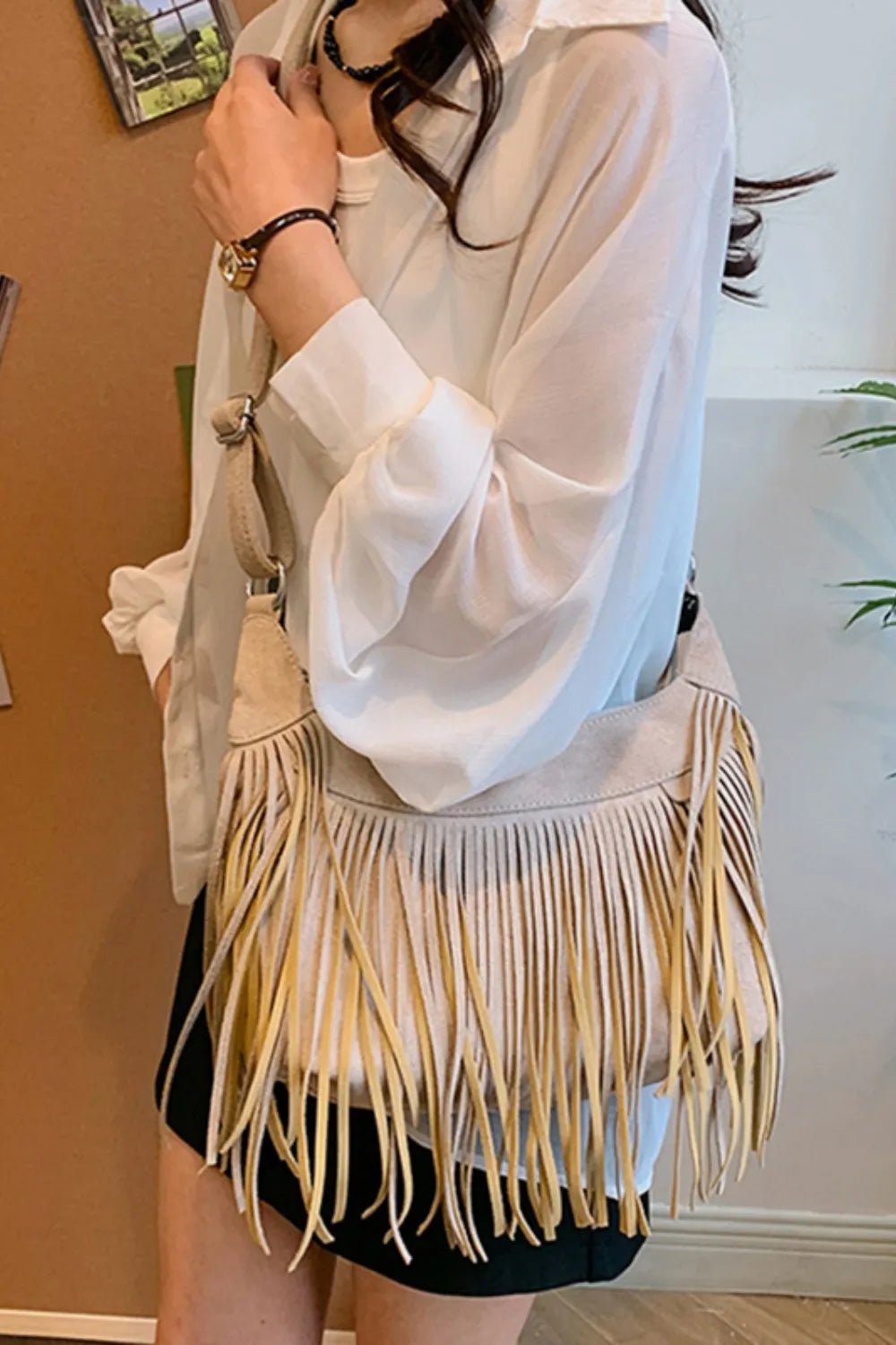 Suede Fringe Adjustable Strap Shoulder Bag - TheMomCo.