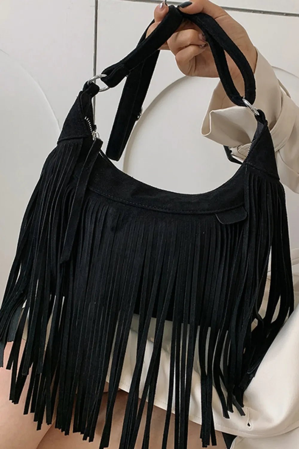 Suede Fringe Adjustable Strap Shoulder Bag - TheMomCo.