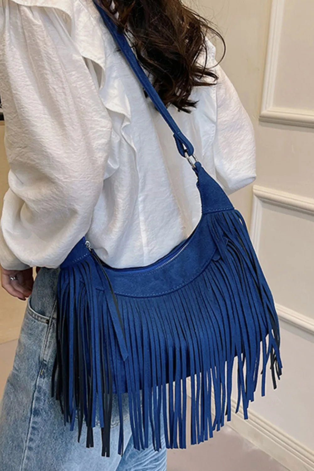 Suede Fringe Adjustable Strap Shoulder Bag - TheMomCo.