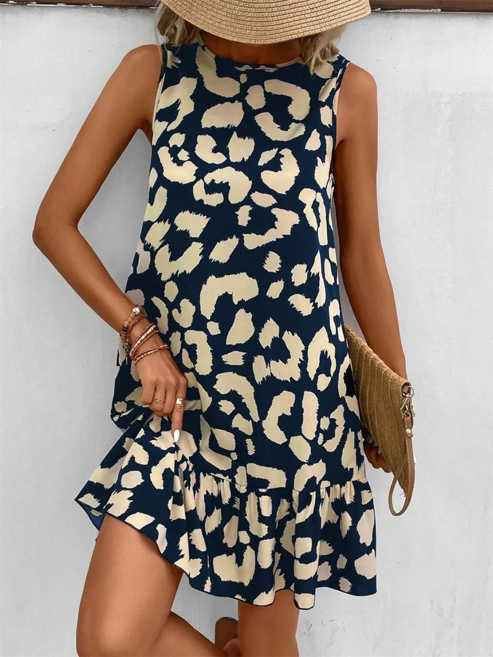 Tied Leopard Round Neck Tank Dress - TheMomCo.