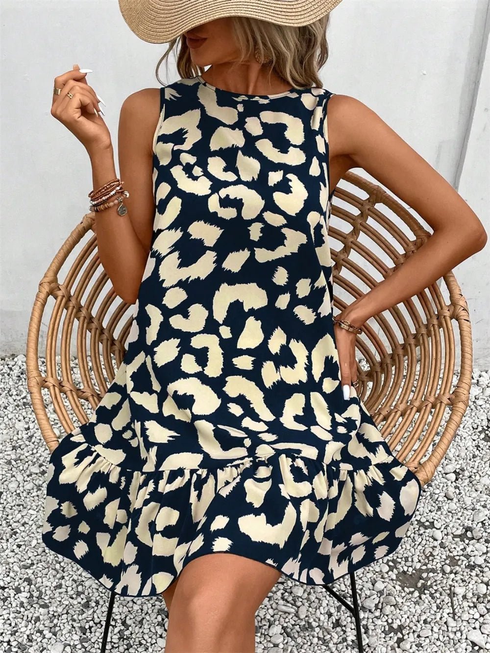 Tied Leopard Round Neck Tank Dress - TheMomCo.