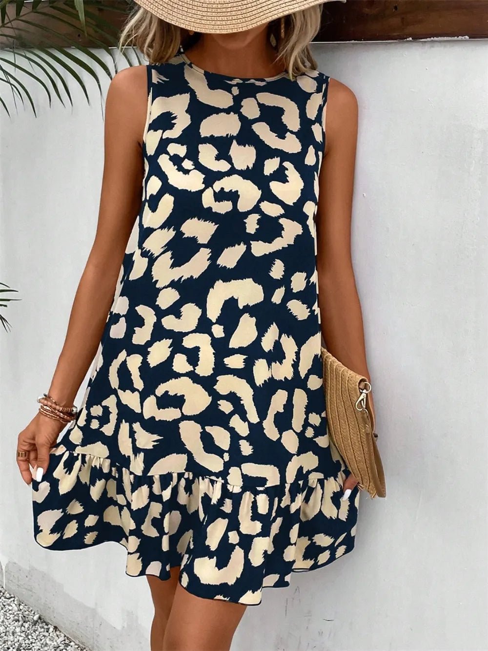 Tied Leopard Round Neck Tank Dress - TheMomCo.