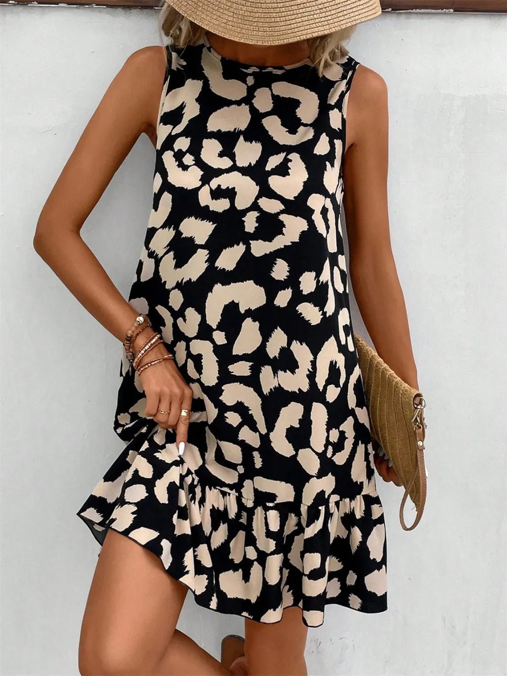 Tied Leopard Round Neck Tank Dress - TheMomCo.