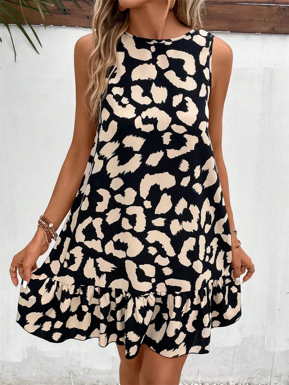 Tied Leopard Round Neck Tank Dress - TheMomCo.