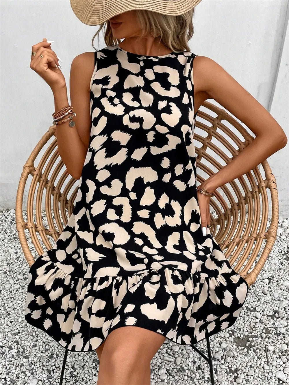 Tied Leopard Round Neck Tank Dress - TheMomCo.