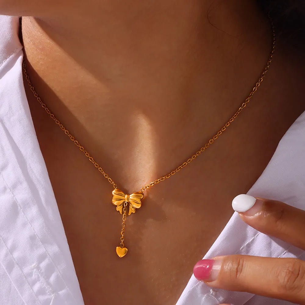 Titanium Steel Gold-Plated Bow Pendant Necklace - TheMomCo.