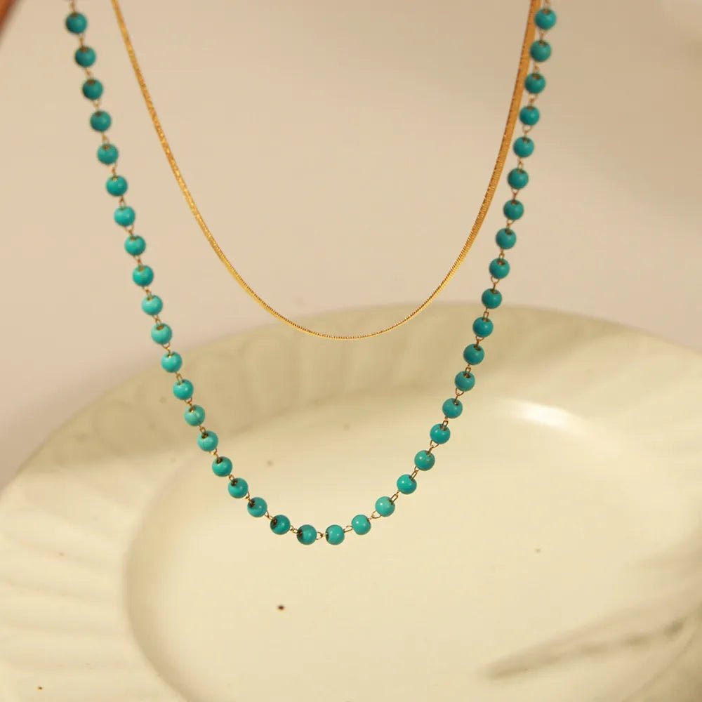 Turquoise Titanium Steel Double-Layered Necklace - TheMomCo.