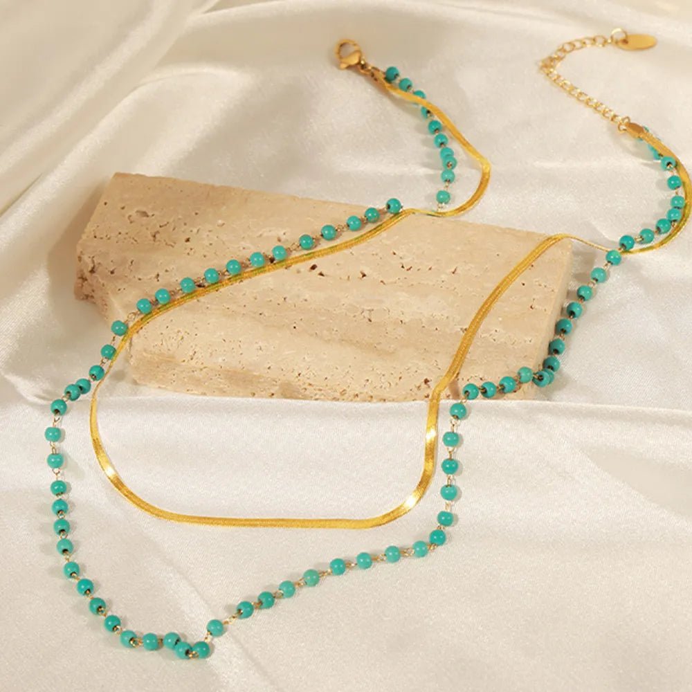 Turquoise Titanium Steel Double-Layered Necklace - TheMomCo.