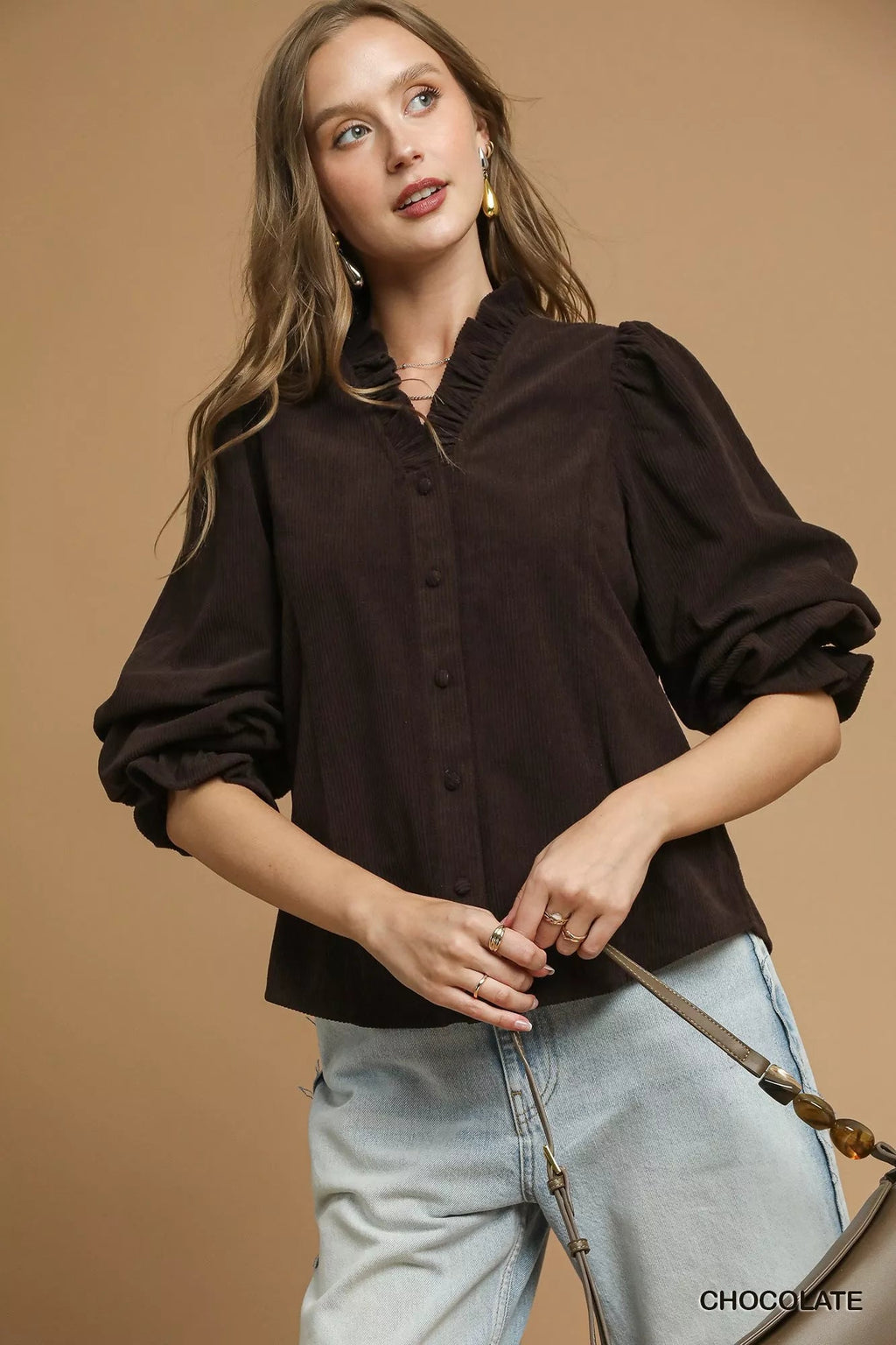 Umgee Corduroy Ruffle Shirt with Long Puff Sleeves - TheMomCo.