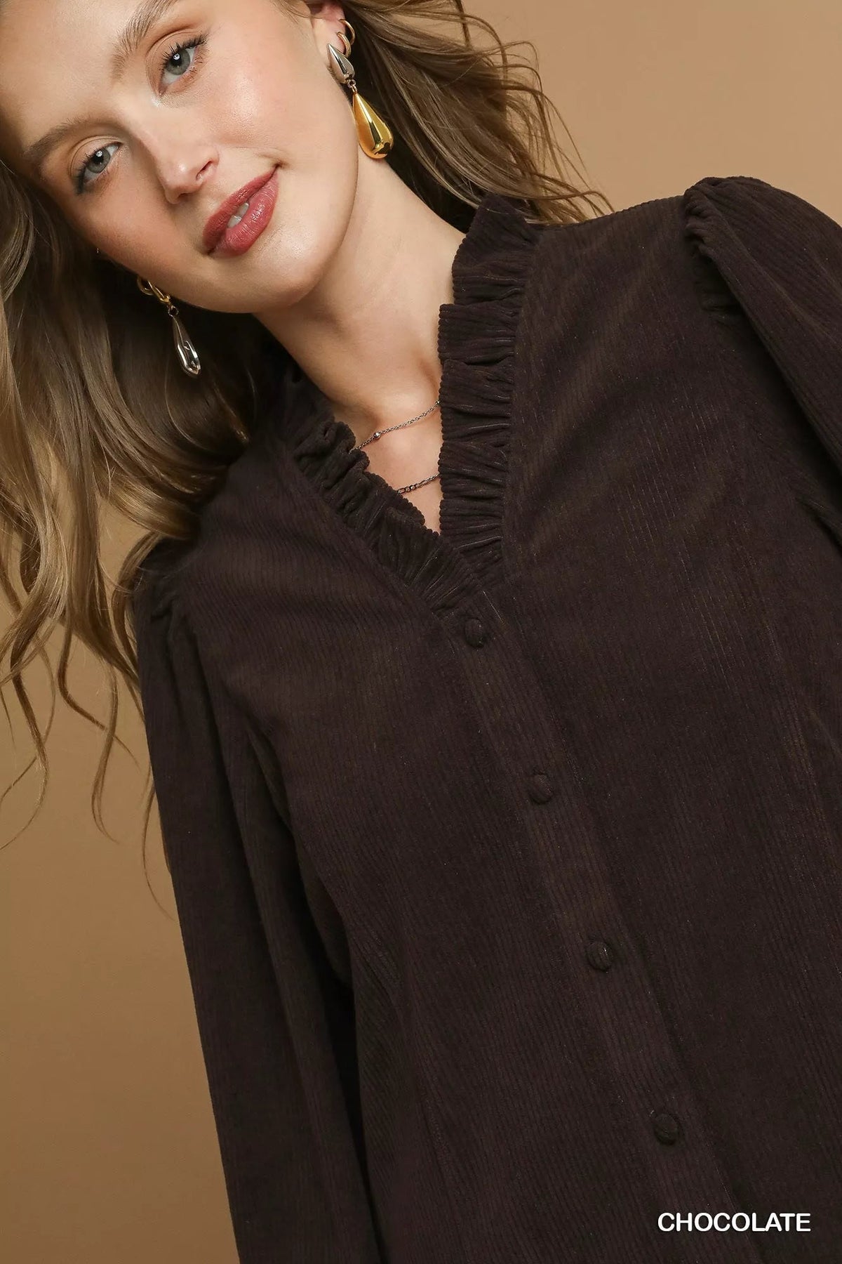 Umgee Corduroy Ruffle Shirt with Long Puff Sleeves - TheMomCo.