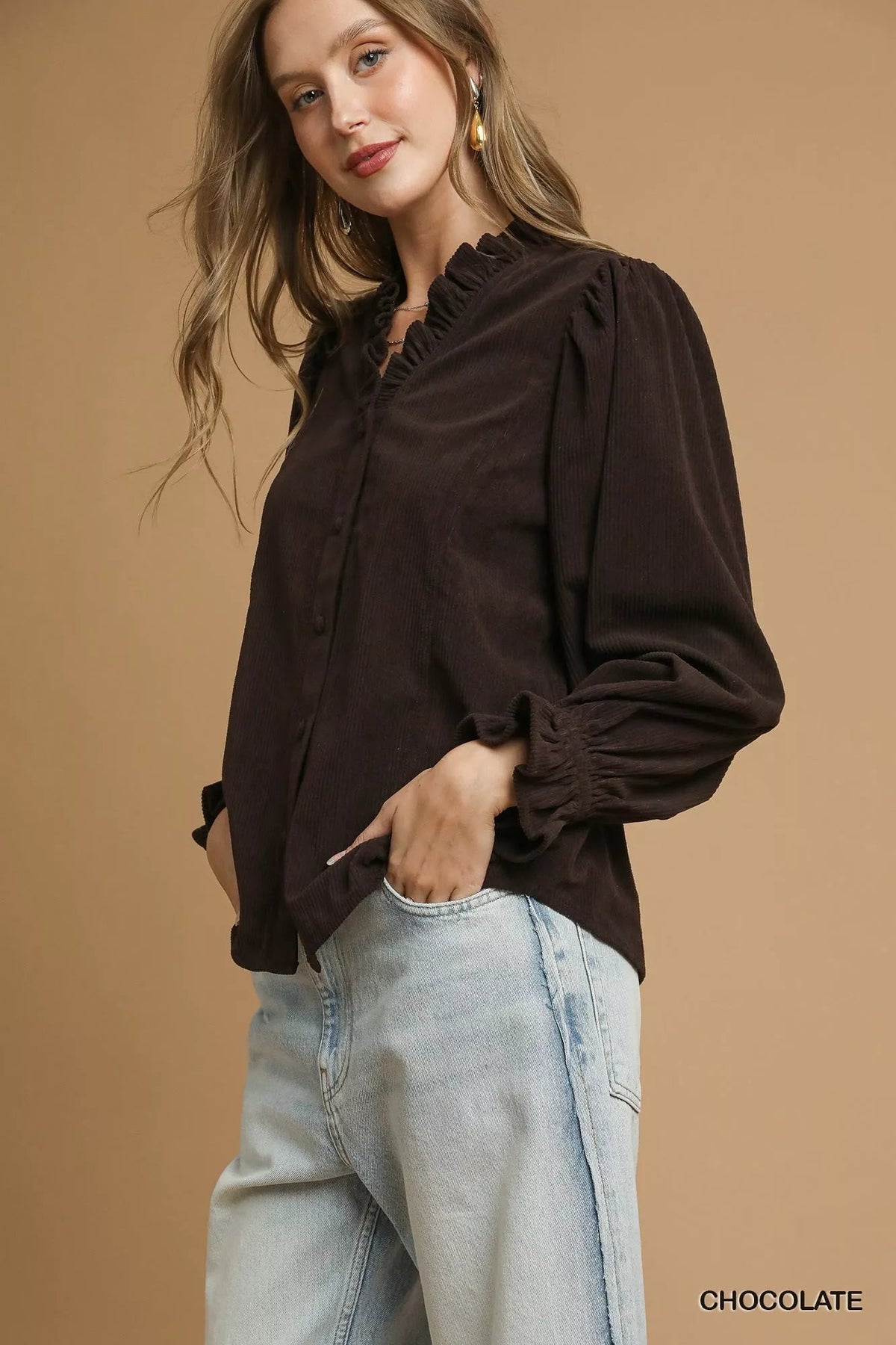 Umgee Corduroy Ruffle Shirt with Long Puff Sleeves - TheMomCo.