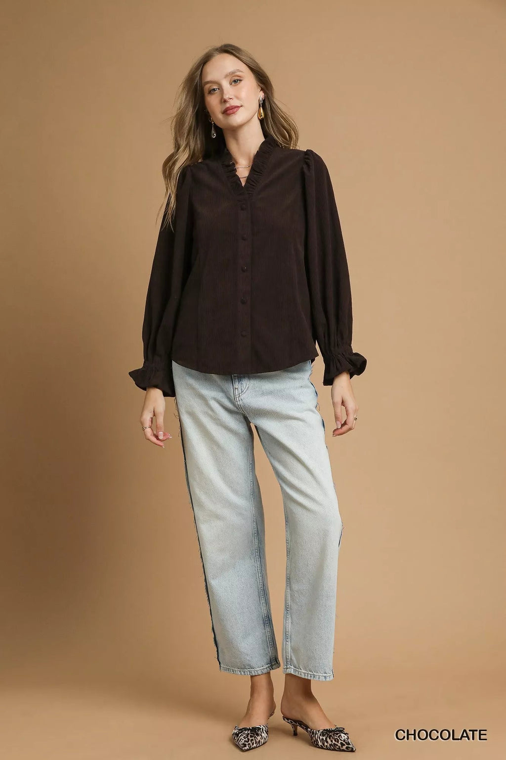 Umgee Corduroy Ruffle Shirt with Long Puff Sleeves - TheMomCo.