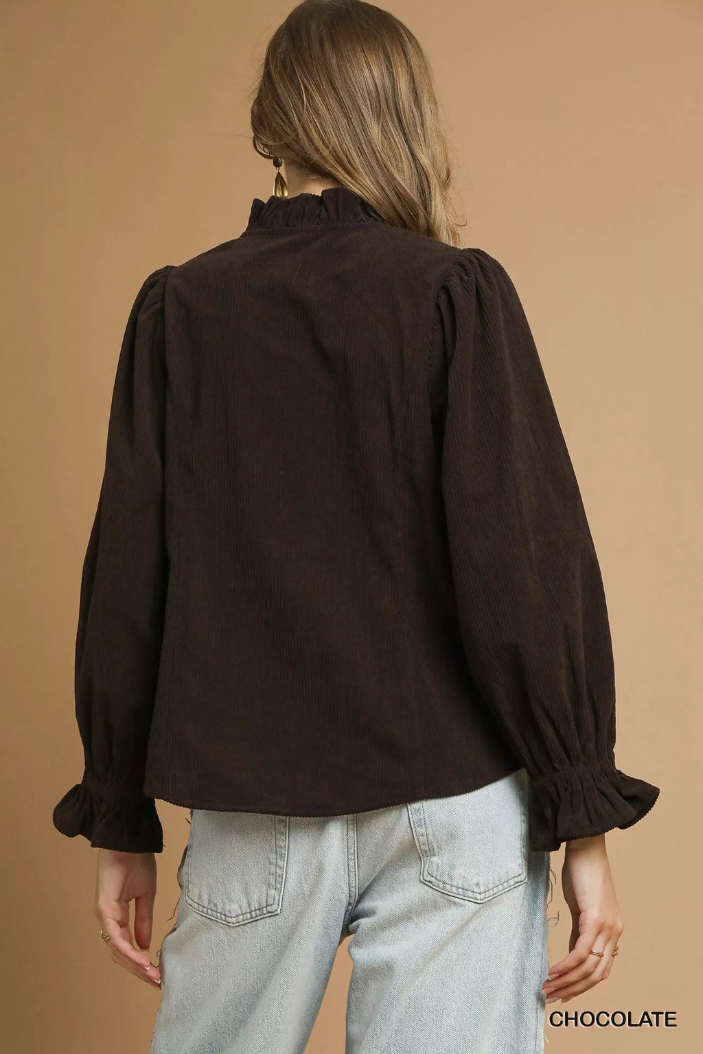 Umgee Corduroy Ruffle Shirt with Long Puff Sleeves - TheMomCo.