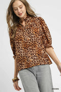 Umgee Full Size Leopard Print Ruffle Neck Blouse Plus Size - TheMomCo.